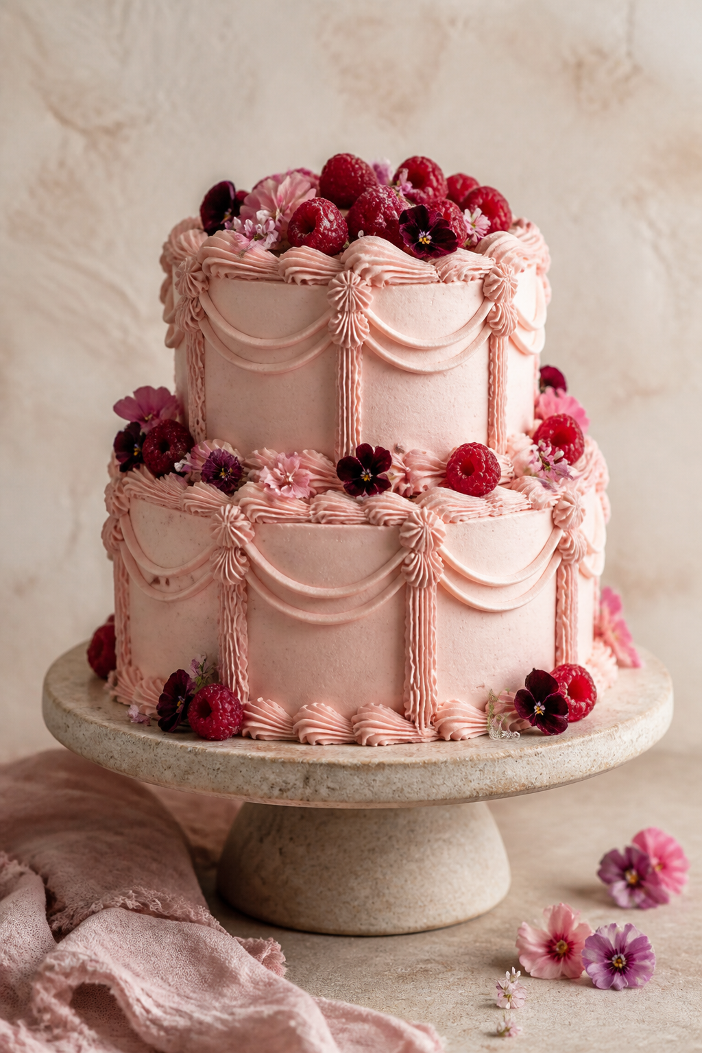 Queque de dos pisos en tonos rosa con frambuesas y flores