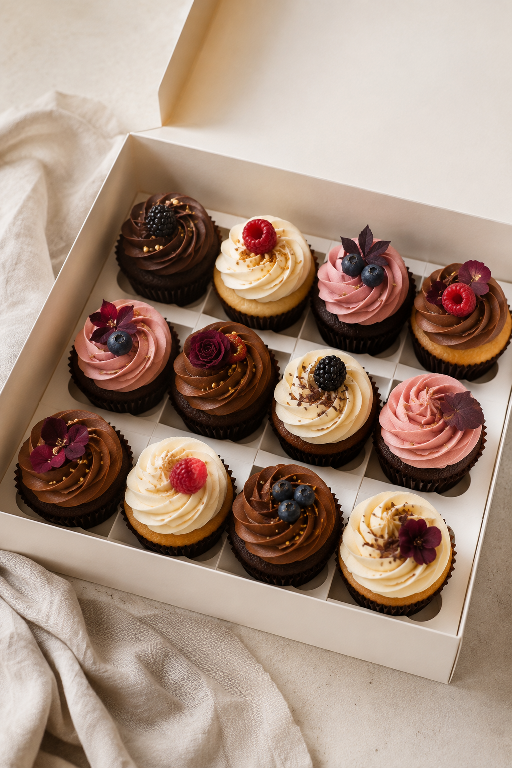 Caja de cupcakes de vainilla y chocolate decorados con frutas