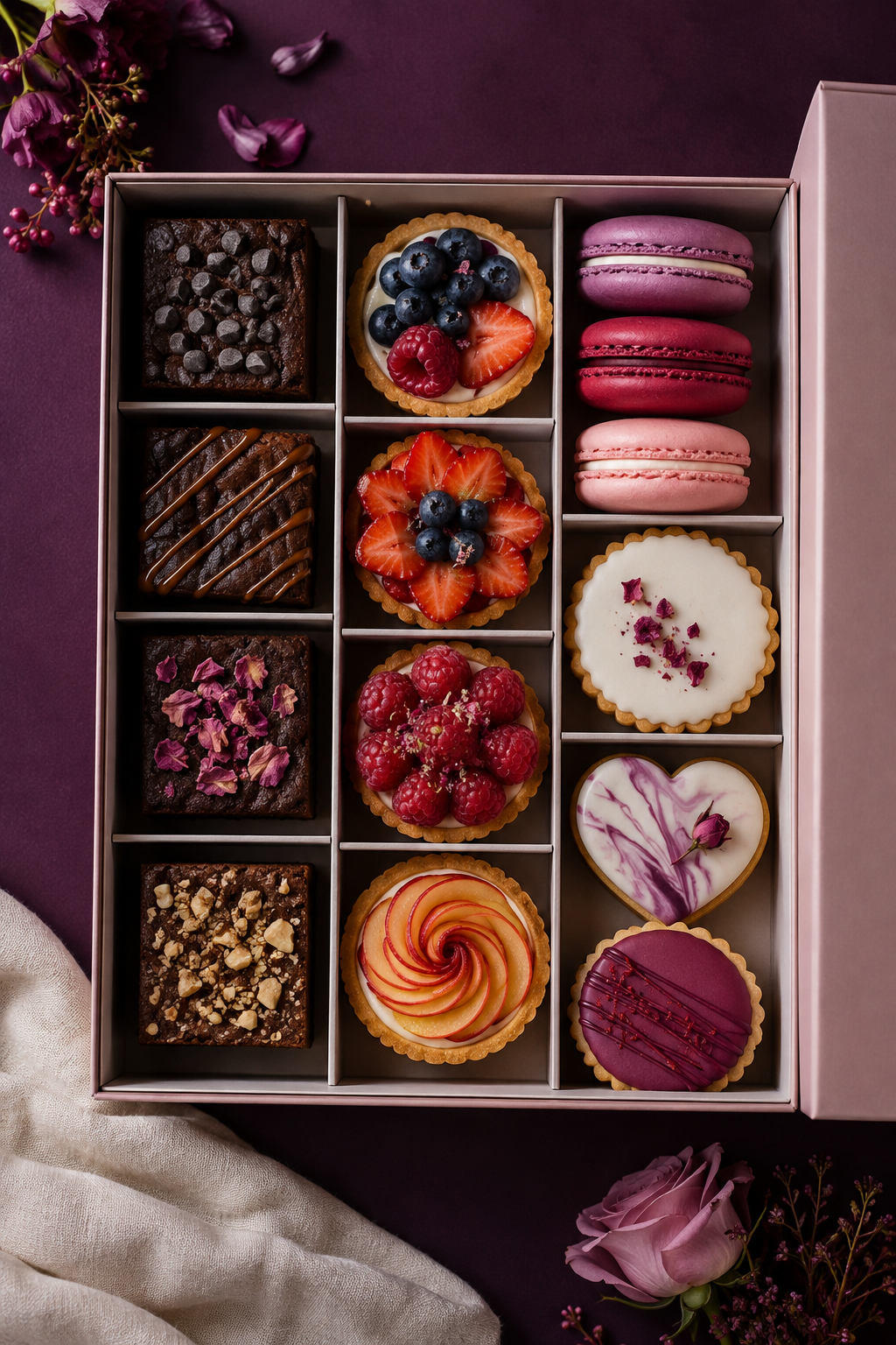 Caja surtida de brownies, tartaletas, macarons y galletas